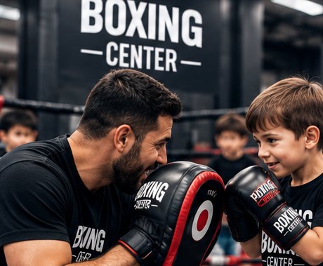 Coach et enfant face à face avec des pattes de frappe
