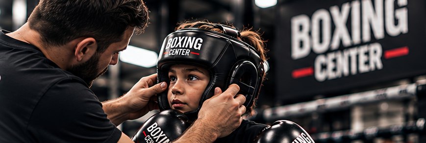 Coach qui ajuste le casque d'un enfant